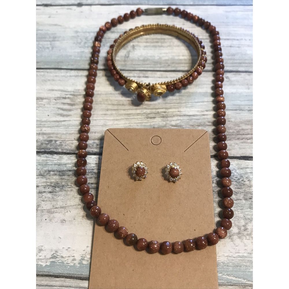 Sparkling‎ Goldstone Necklace Earrings Bracelet Matching set Beads